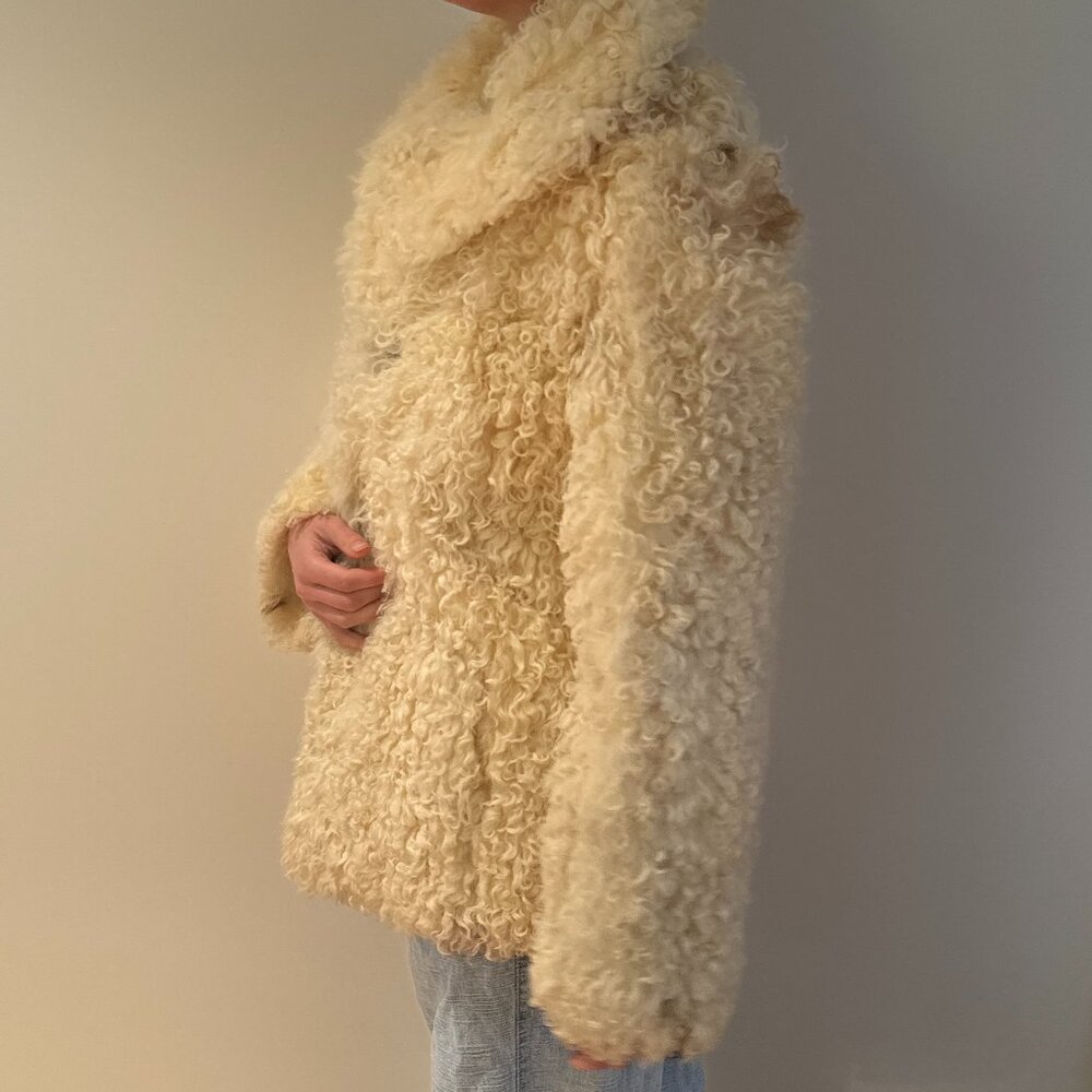 Vintage Persian Curly Geunuine Lamb Afghan Fur Coat White Spotted Jacket S/M - Picture 6 of 8
